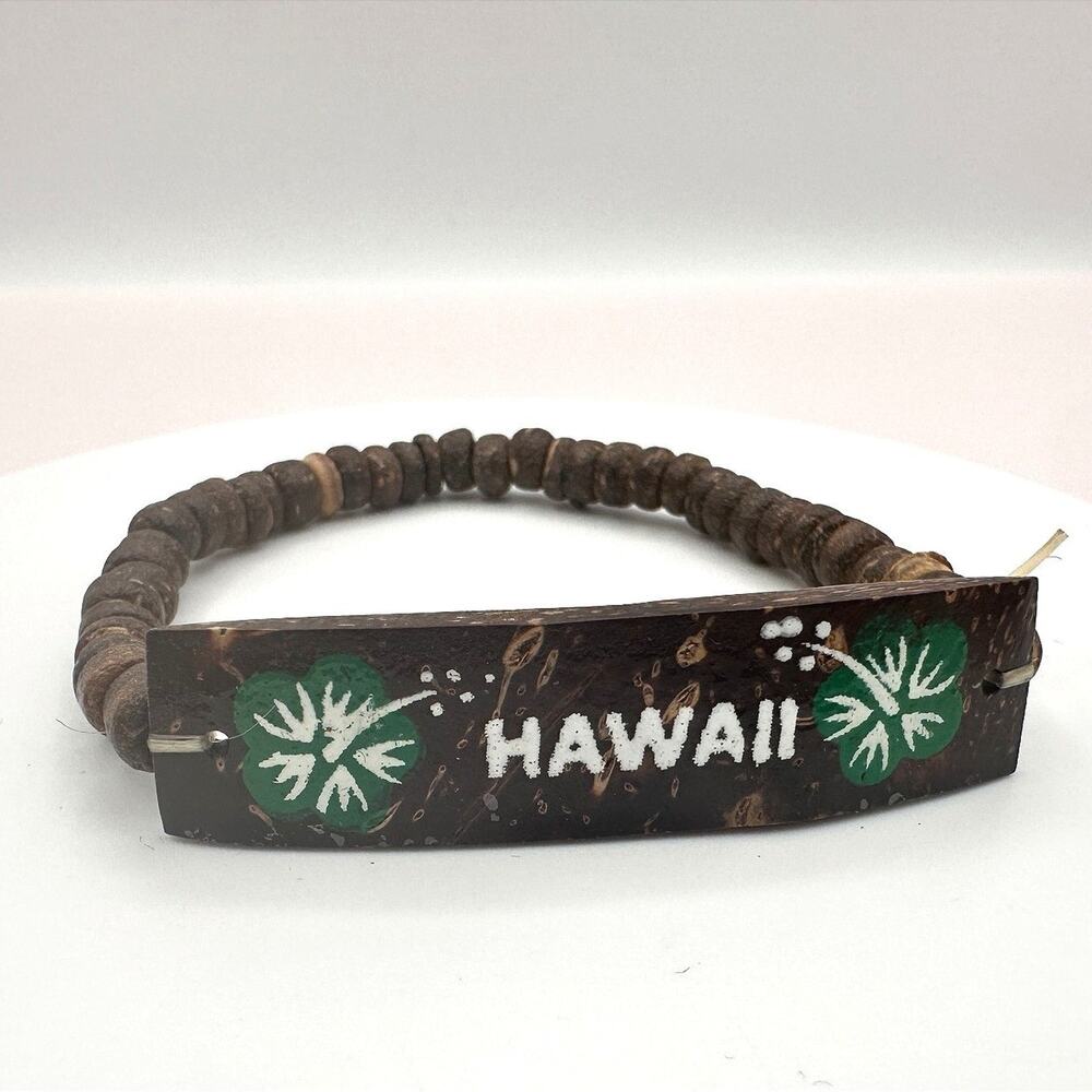 Vintage 90s Hawaii Coconut Shell Hand Painted Hibiscus Floral Beaded Bracelet